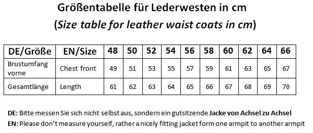 Lederwesten/ größentabelle Konfektionsgrößen von German Wear